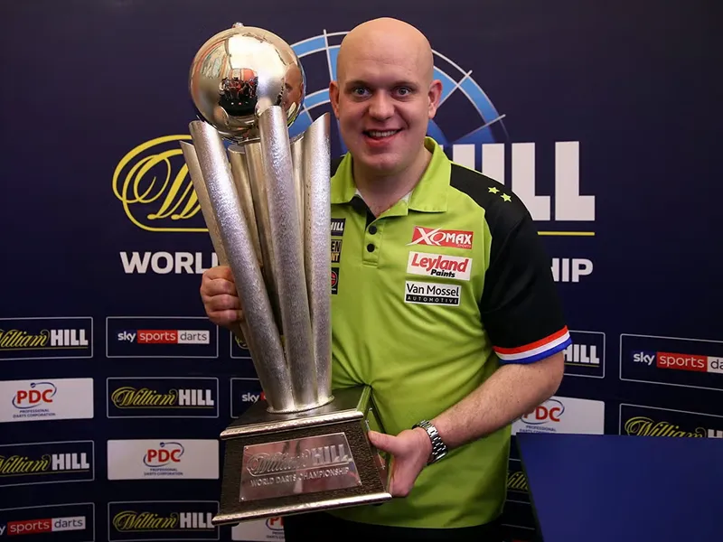 Michael van Gerwen celebrating with his trademark fist-pump on the PDC stage